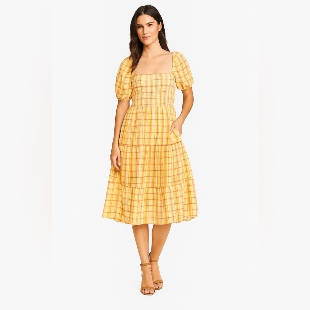 NEW- NWOT ASTR The Label Ilana Yellow Plaid Puff Sleeve Midi Dress XS XS